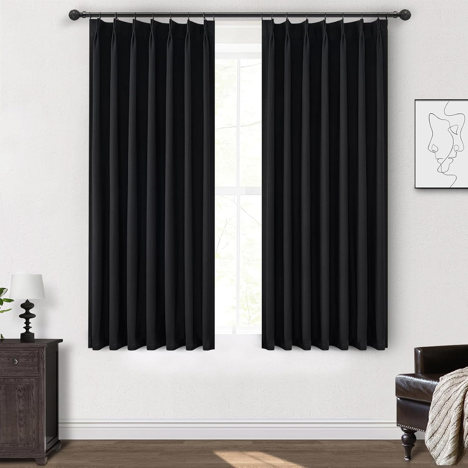 Lush Decor Wide Curtains for Windows 120 to 140 Blackout Linen 108 Inches Long, Pinch Pleated Thick 70 Inch Extra Wide Patio Door Curtain Panels 2 Set Drapes Floor to Ceiling Drapes Heavy Thermal
