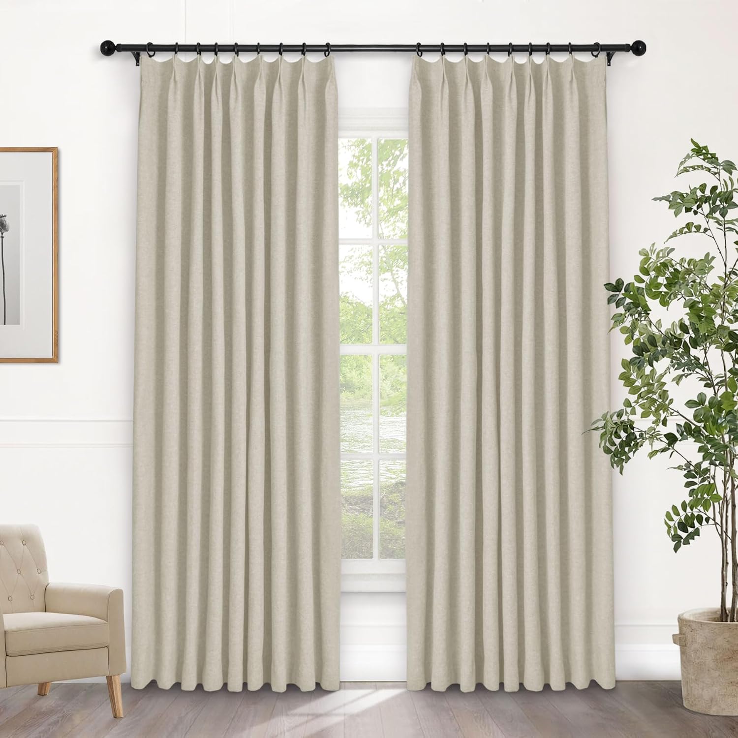 Macochico Extra Wide 100% Blackout Linen Curtains for Sliding Door Pleated Curtains with Hooks Insulated Soft Linen Drapes for Bedroom Living Room with Tieback Sand Beige 100”Wx84”L 1 Panel