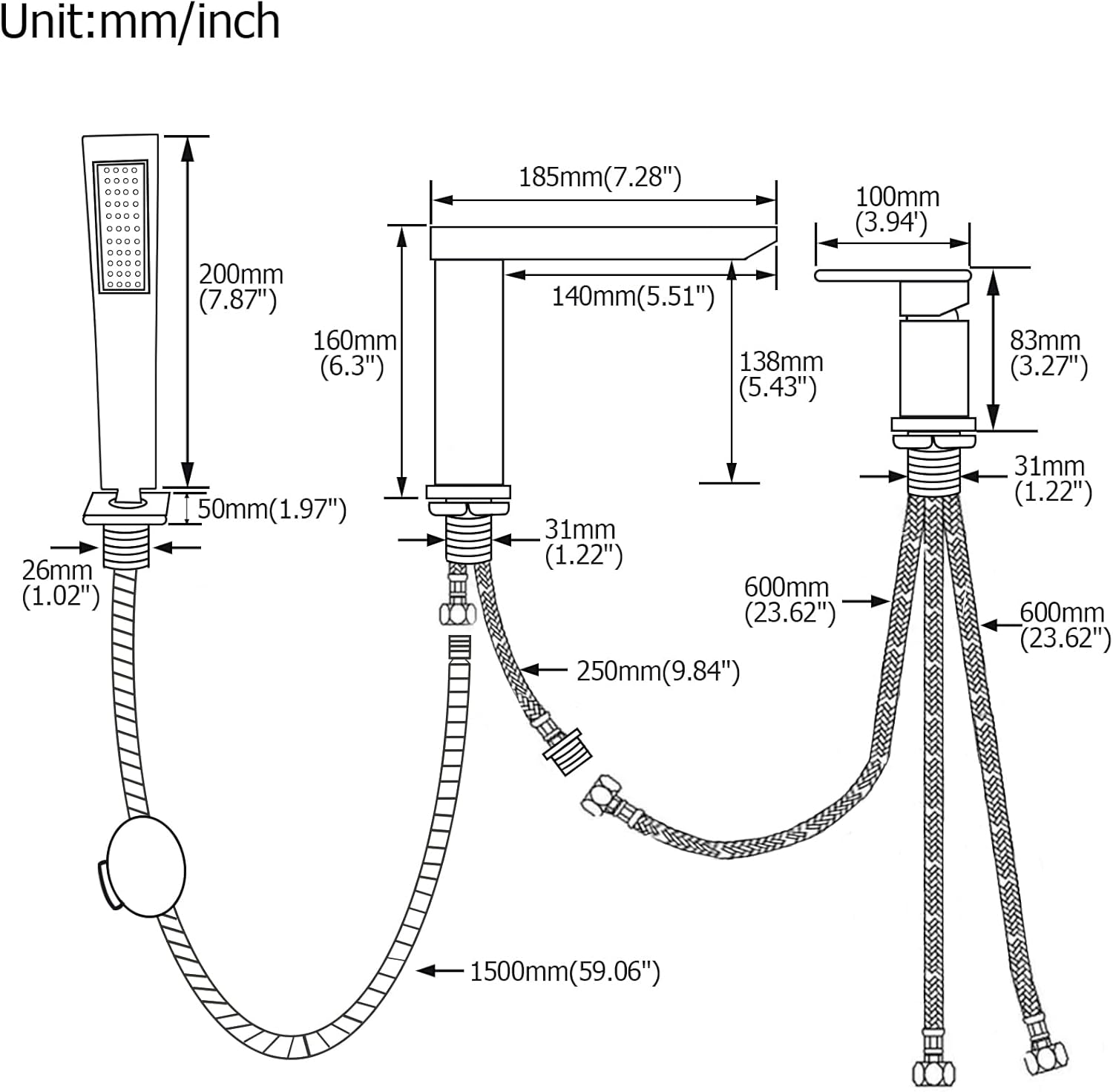 Waterfall Roman Tub Faucet with Hand Shower, Deck Mount Tub Filler Bathtub Faucet with Sprayer, Brass Widespread 3 Hole Bathtub Shower Faucet Set, Matte Black