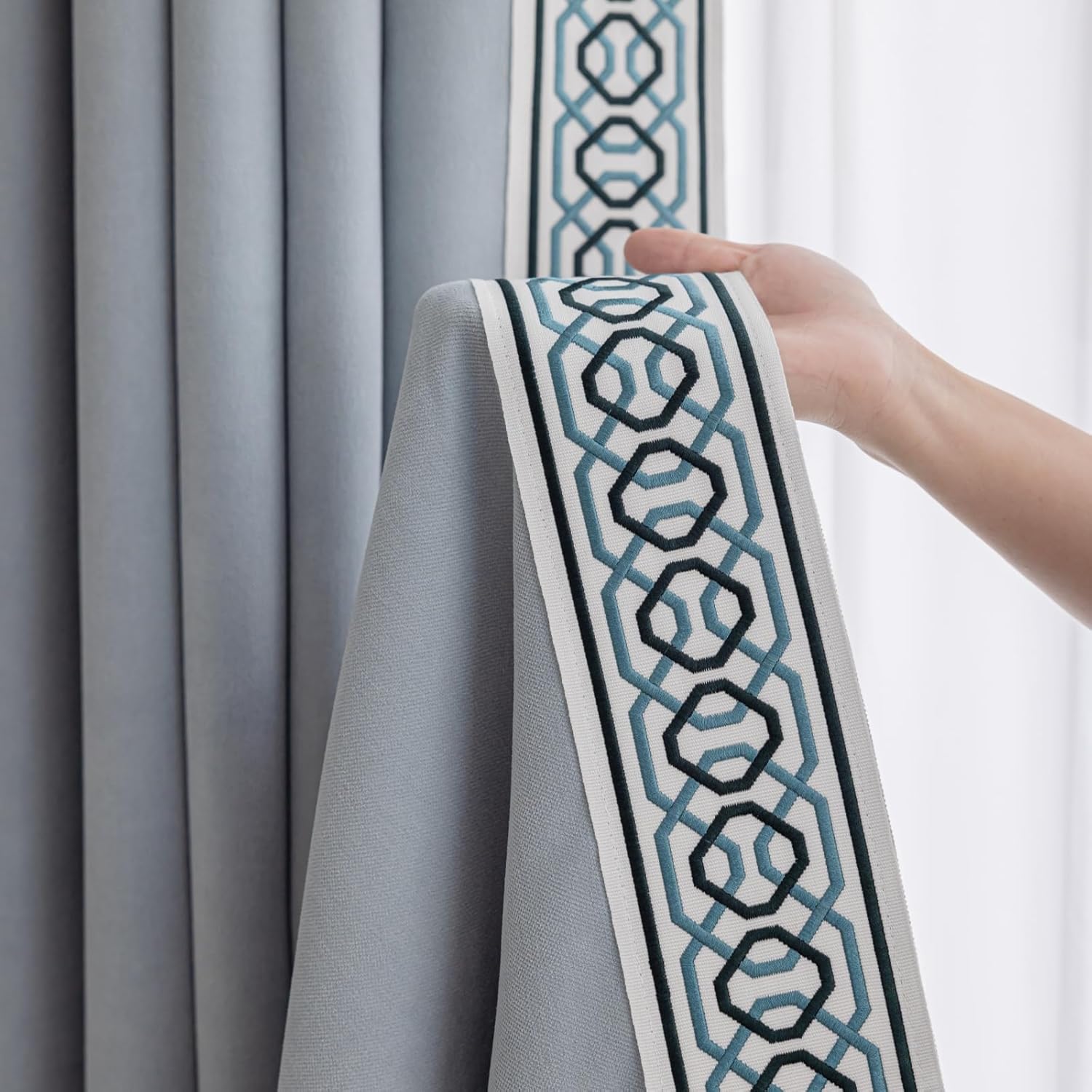 Cotton Linen Curtain Panels, Pinch Pleat, Wrinkle Free, Luxury Drapes with Geometric Tape Trim, for Living Room,Bedroom(50" W x 90" L，2 Panels)
