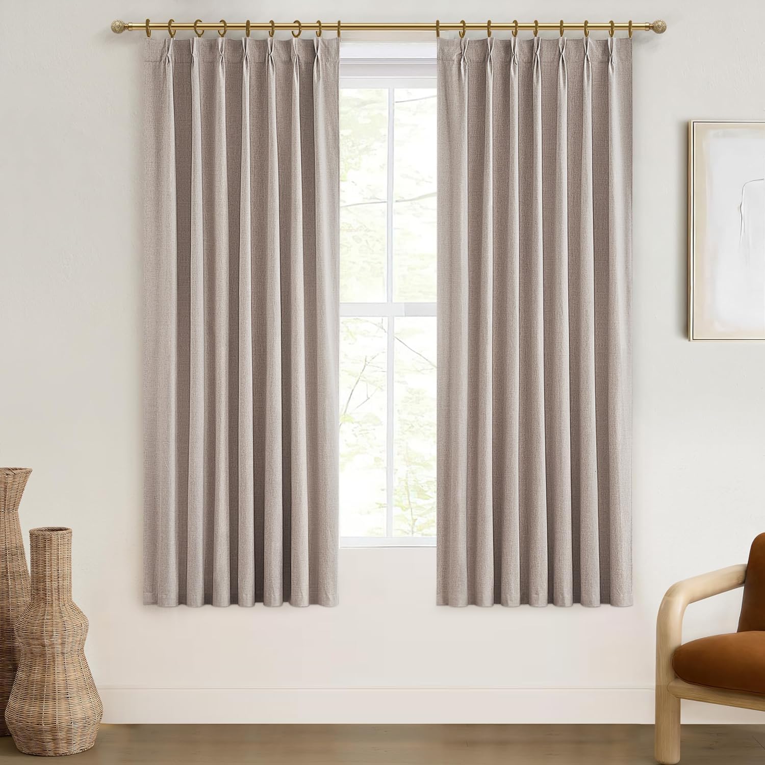 Lush Decor Wide Curtains for Windows 120 to 140 Blackout Linen 108 Inches Long, Pinch Pleated Thick 70 Inch Extra Wide Patio Door Curtain Panels 2 Set Drapes Floor to Ceiling Drapes Heavy Thermal