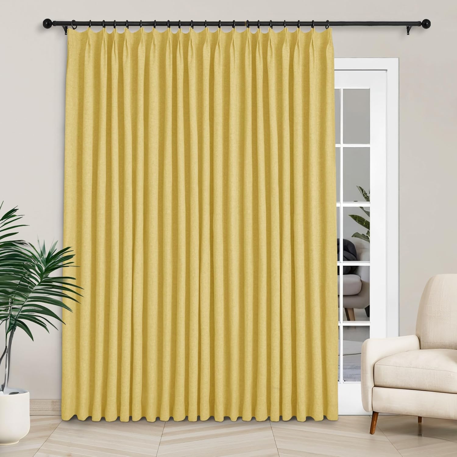 Macochico Extra Wide 100% Blackout Linen Curtains for Sliding Door Pleated Curtains with Hooks Insulated Soft Linen Drapes for Bedroom Living Room with Tieback Sand Beige 100”Wx84”L 1 Panel