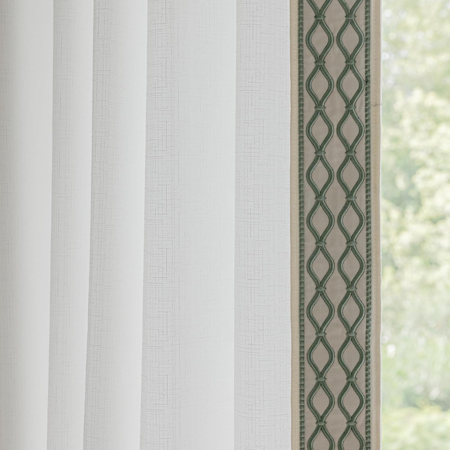 White Linen Curtain Panels with Embroidered Trim Design, Pinch Pleat Curtains, Semi-Sheer Curtains for Sliding Patio Doors Bedroom (2 Panels) (50W x 84L)