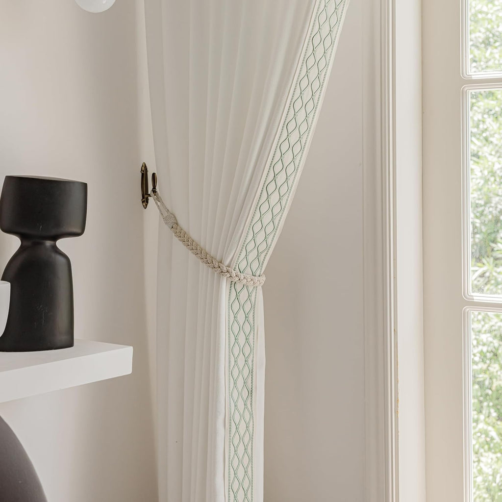 White Linen Curtain Panels with Embroidered Trim Design, Pinch Pleat Curtains, Semi-Sheer Curtains for Sliding Patio Doors Bedroom (2 Panels) (50W x 84L)