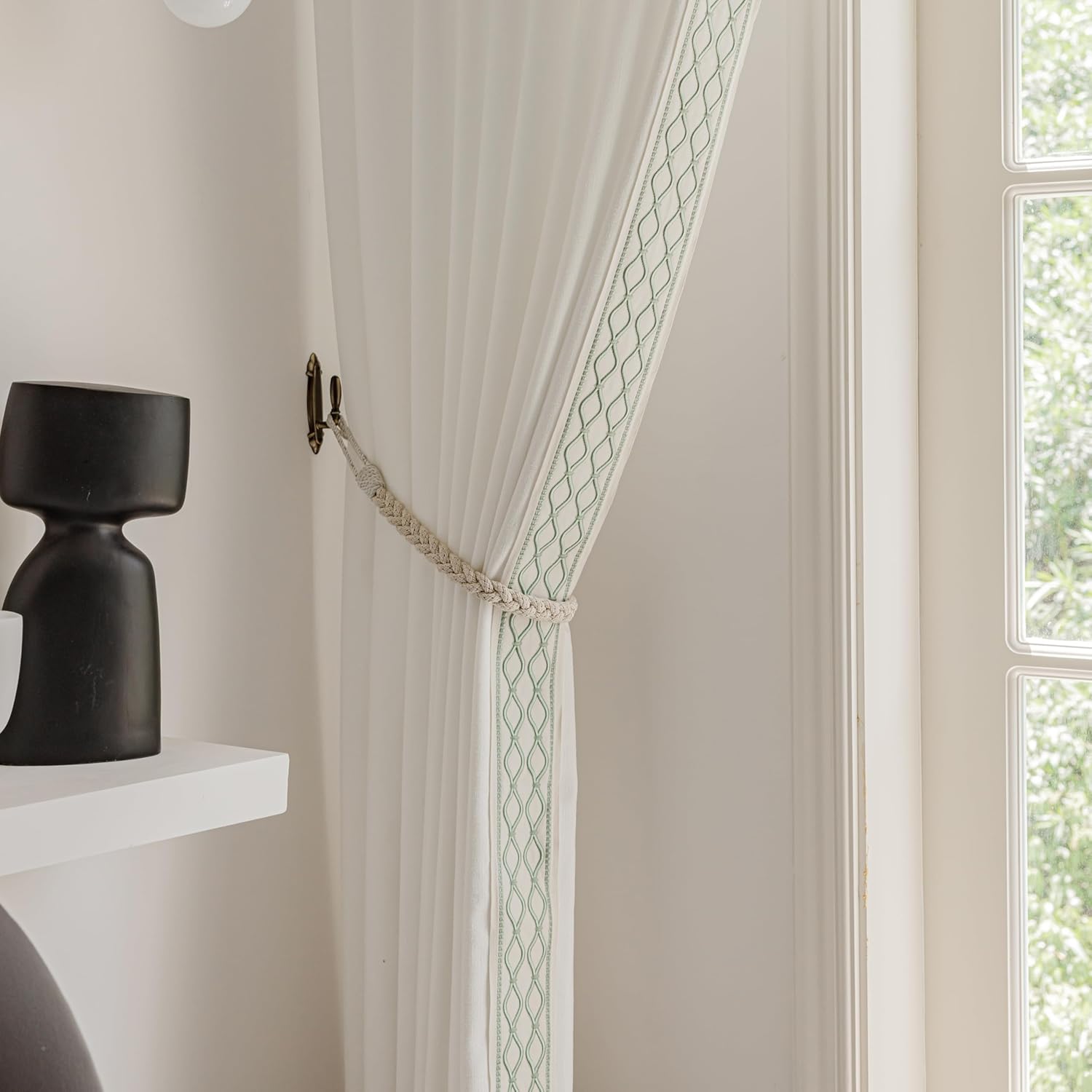 White Linen Curtain Panels with Embroidered Trim Design, Pinch Pleat Curtains, Semi-Sheer Curtains for Sliding Patio Doors Bedroom (2 Panels) (50W x 84L)