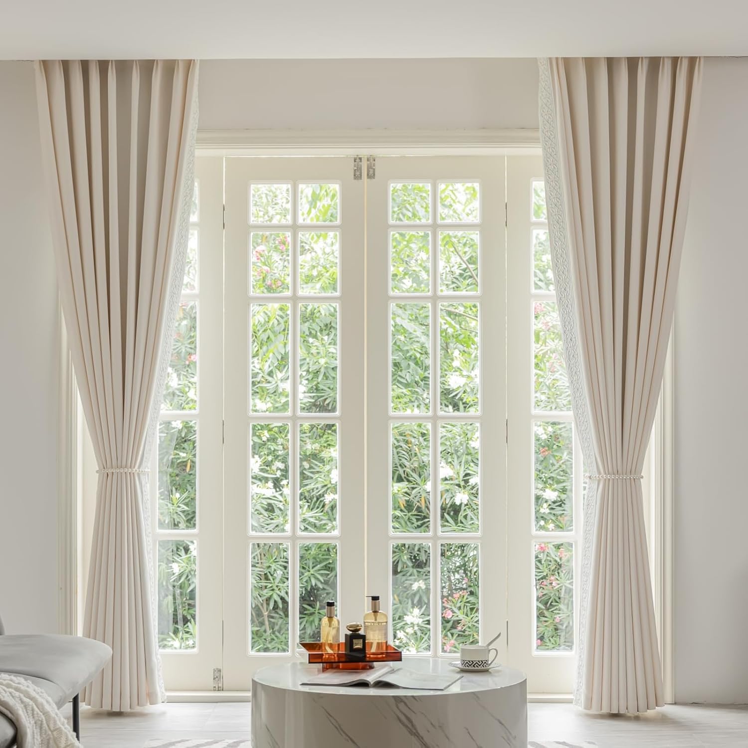 Cotton Linen Curtain Panels, Pinch Pleat, Wrinkle Free, Luxury Drapes with Geometric Tape Trim, for Living Room,Bedroom(50" W x 90" L，2 Panels)