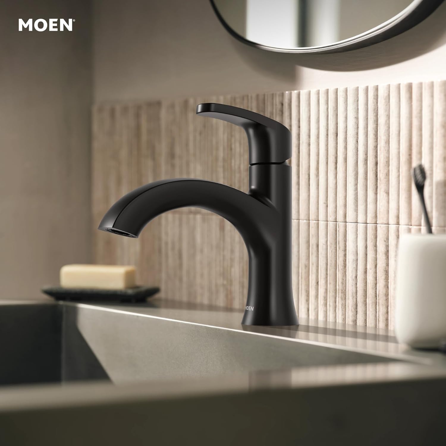Moen Karis Black Matte One-Handle Single Hole Bathroom Sink Faucet with Optional Deckplate, 84346BL