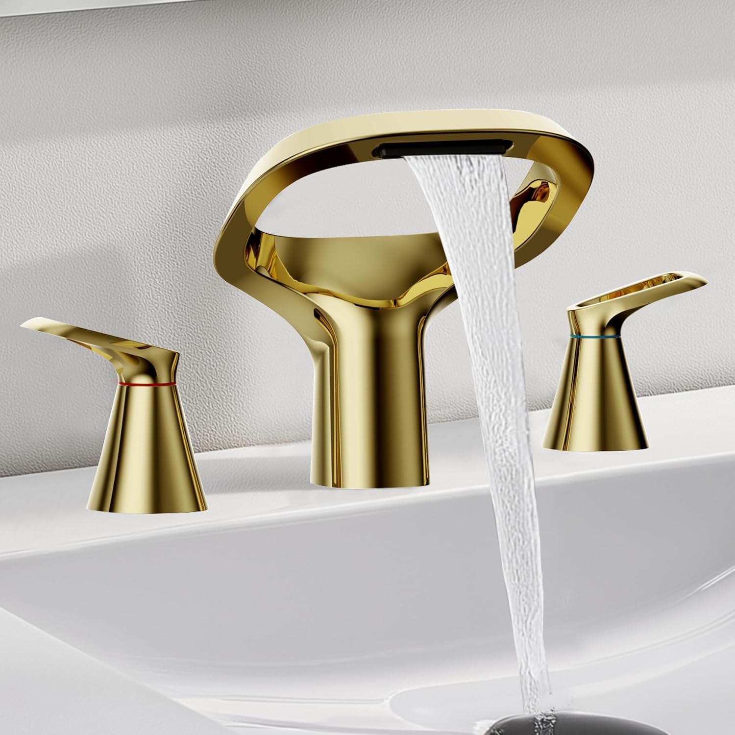 Matte Black Bathroom Faucet 3 Hole, Modern Faucet for Bathroom Sink with Adjustable Spout, Solid Brass 8 Inch Widespread Waterfall Bathroom Faucets with Supply Hoses and 2 Handles for Vanity Sink