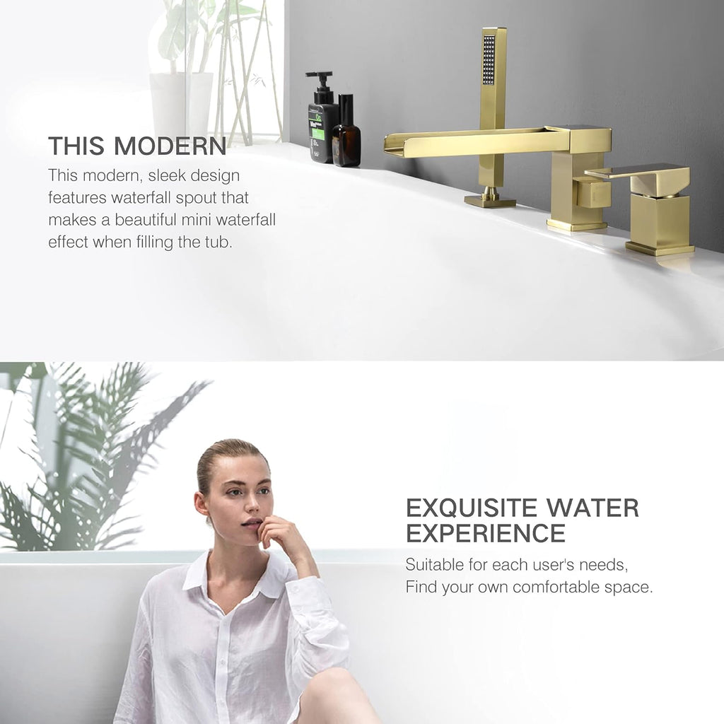 TapLong Waterfall Tub Filler Faucet with HandHeld Shower Widespread Roman Tub Faucet Set, Deck Mount 3-Holes Single-Handle Faucet in Brushed Gold, 03111BG