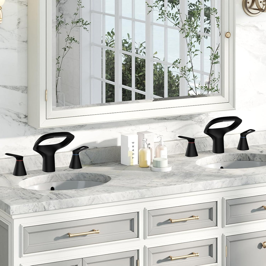 Matte Black Bathroom Faucet 3 Hole, Modern Faucet for Bathroom Sink with Adjustable Spout, Solid Brass 8 Inch Widespread Waterfall Bathroom Faucets with Supply Hoses and 2 Handles for Vanity Sink