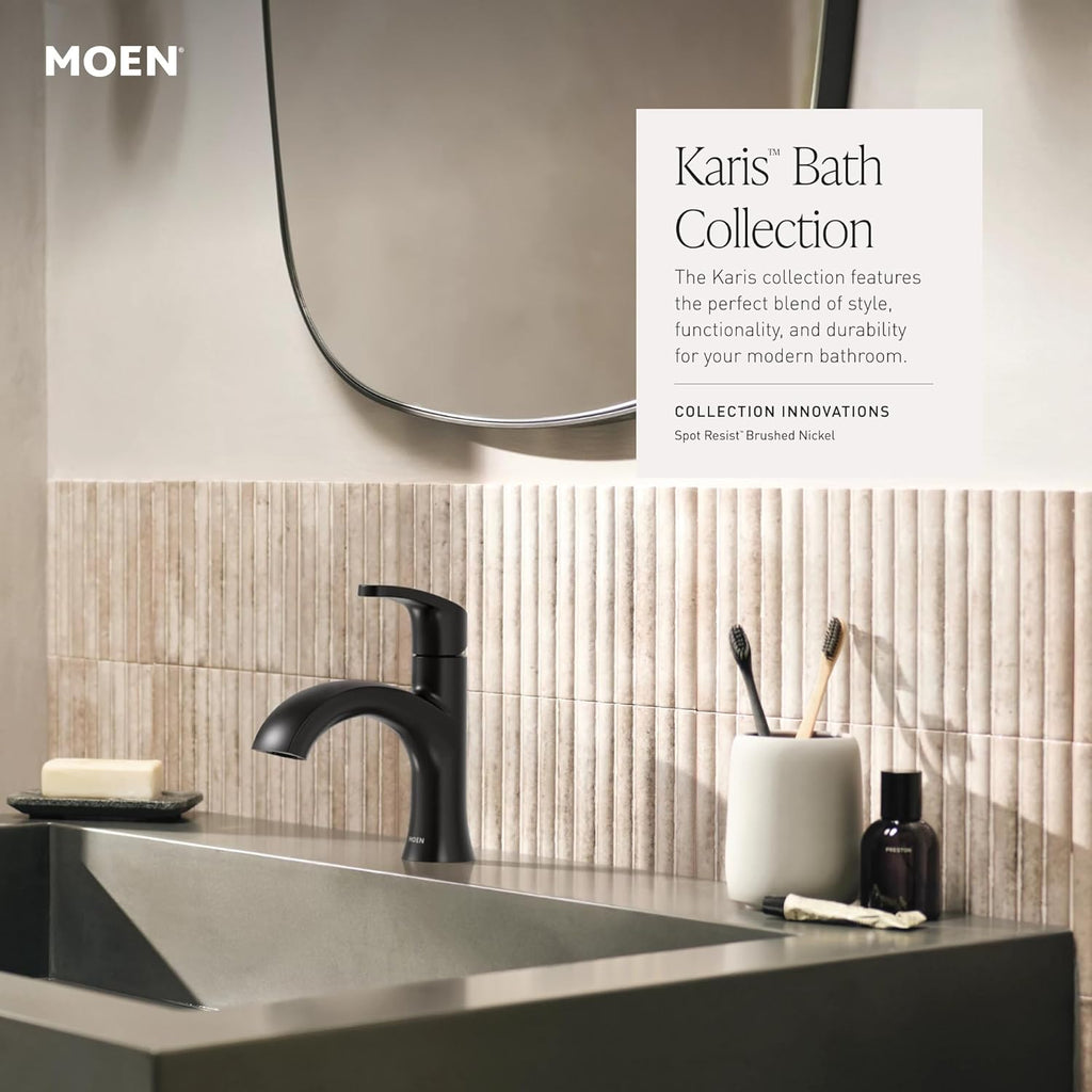 Moen Karis Black Matte One-Handle Single Hole Bathroom Sink Faucet with Optional Deckplate, 84346BL