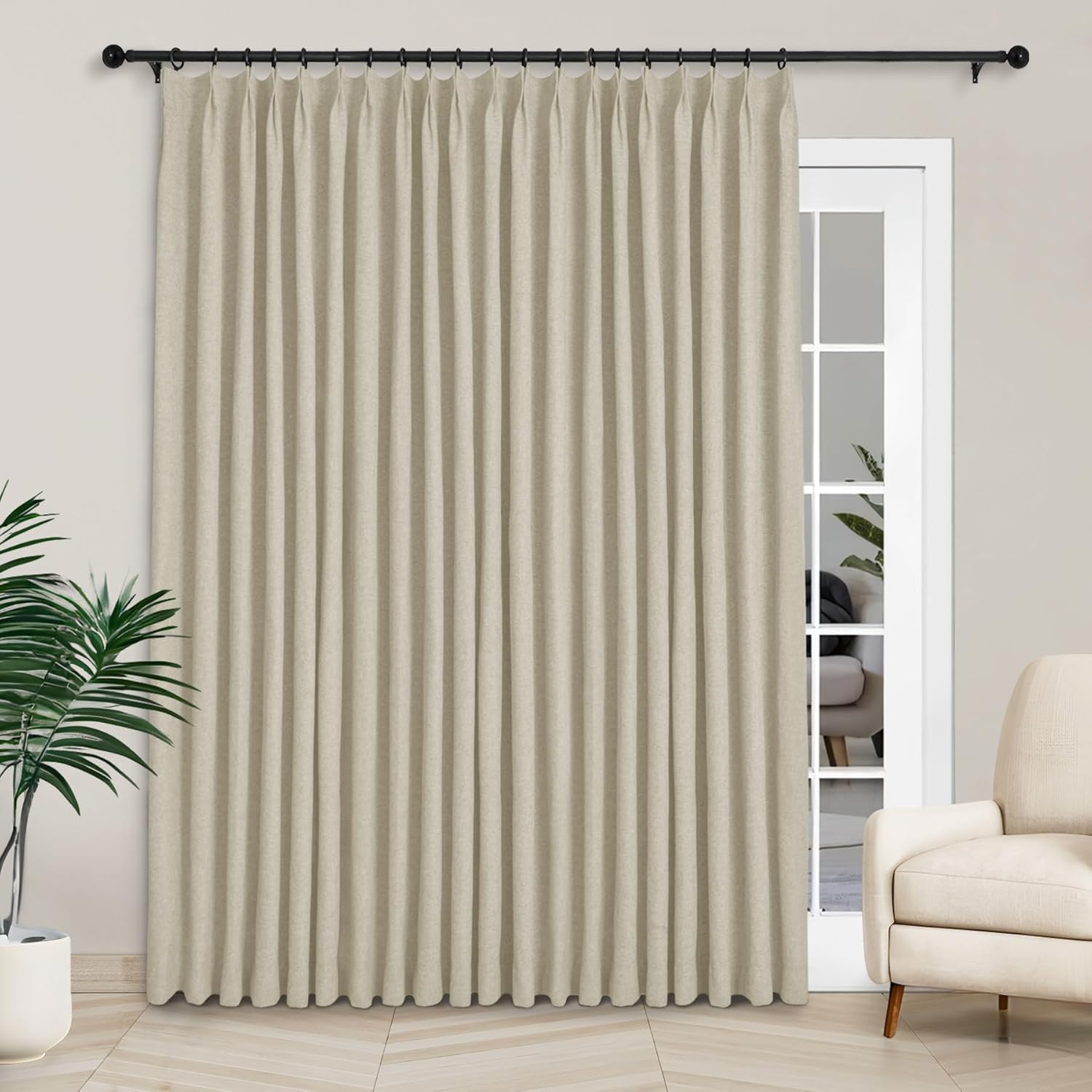 Macochico Extra Wide 100% Blackout Linen Curtains for Sliding Door Pleated Curtains with Hooks Insulated Soft Linen Drapes for Bedroom Living Room with Tieback Sand Beige 100”Wx84”L 1 Panel