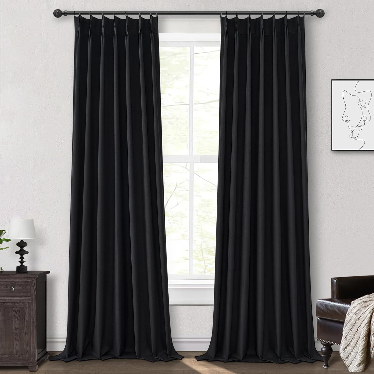 Lush Decor Wide Curtains for Windows 120 to 140 Blackout Linen 108 Inches Long, Pinch Pleated Thick 70 Inch Extra Wide Patio Door Curtain Panels 2 Set Drapes Floor to Ceiling Drapes Heavy Thermal