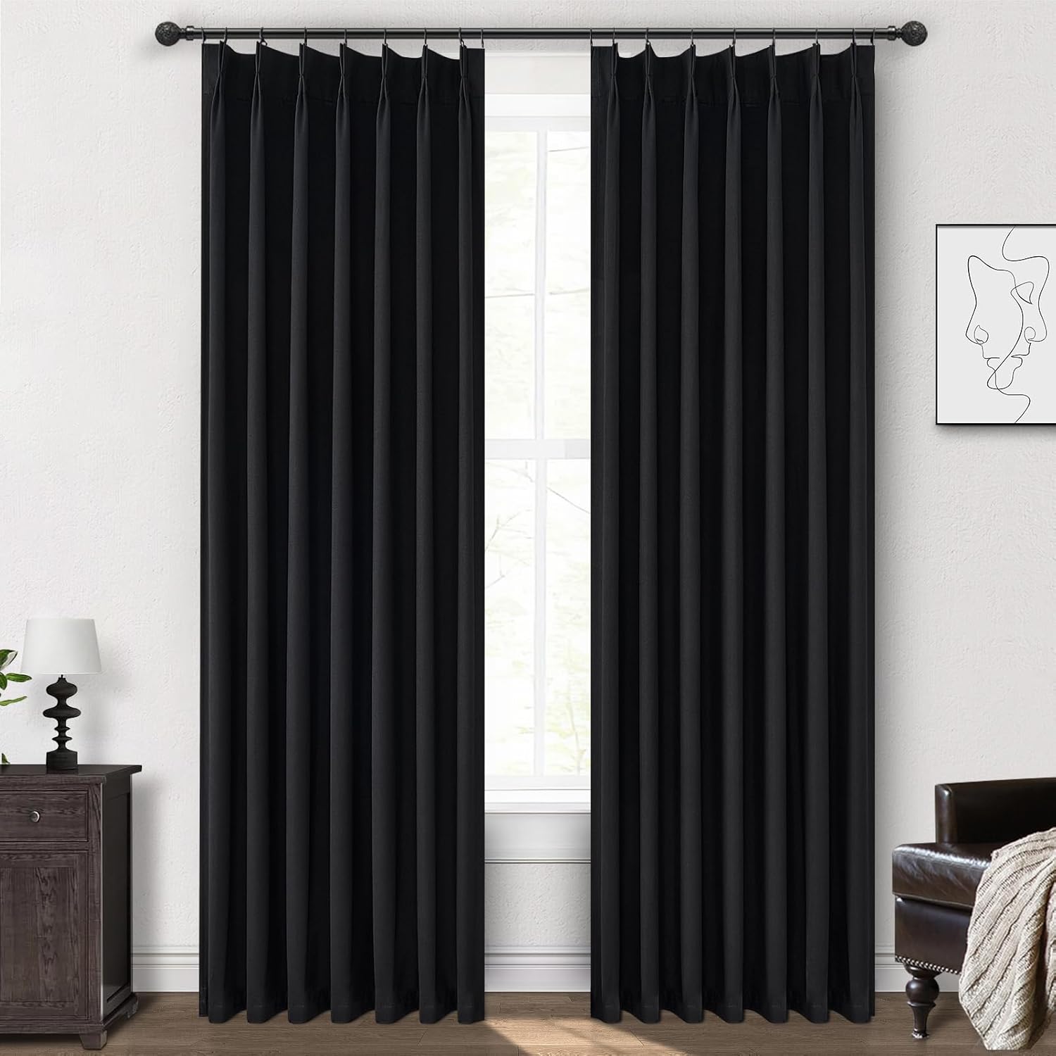 Lush Decor Wide Curtains for Windows 120 to 140 Blackout Linen 108 Inches Long, Pinch Pleated Thick 70 Inch Extra Wide Patio Door Curtain Panels 2 Set Drapes Floor to Ceiling Drapes Heavy Thermal