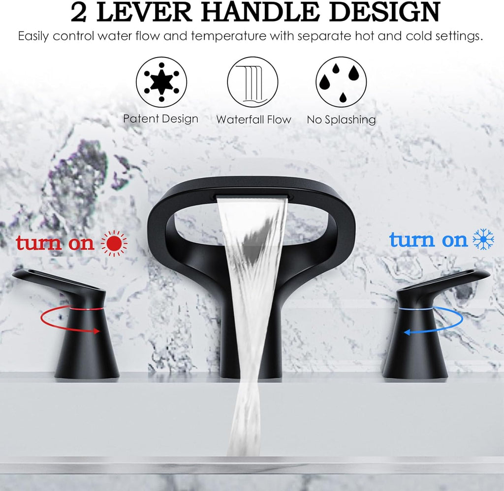 Matte Black Bathroom Faucet 3 Hole, Modern Faucet for Bathroom Sink with Adjustable Spout, Solid Brass 8 Inch Widespread Waterfall Bathroom Faucets with Supply Hoses and 2 Handles for Vanity Sink