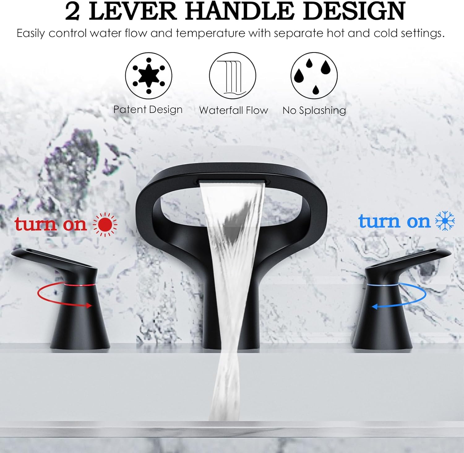 Matte Black Bathroom Faucet 3 Hole, Modern Faucet for Bathroom Sink with Adjustable Spout, Solid Brass 8 Inch Widespread Waterfall Bathroom Faucets with Supply Hoses and 2 Handles for Vanity Sink