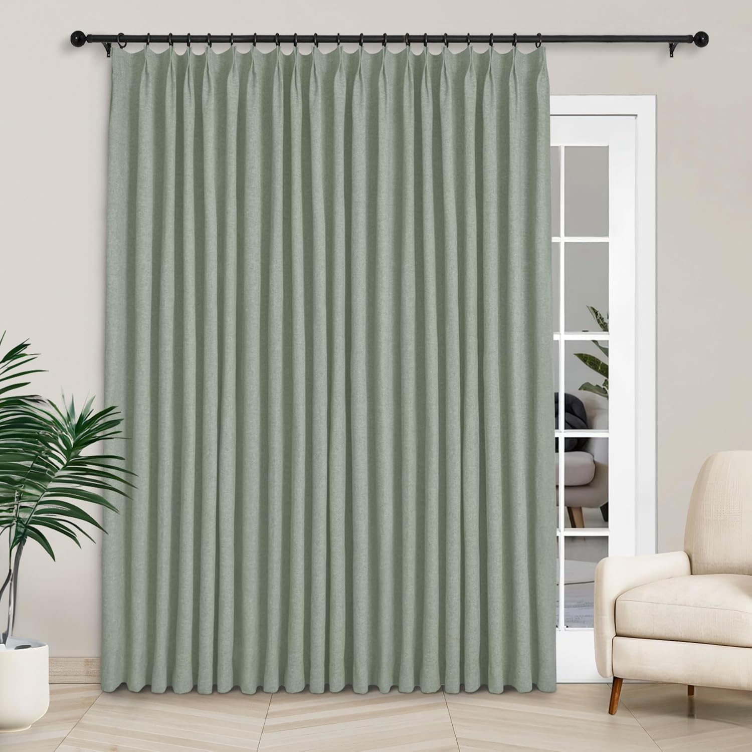 Macochico Extra Wide 100% Blackout Linen Curtains for Sliding Door Pleated Curtains with Hooks Insulated Soft Linen Drapes for Bedroom Living Room with Tieback Sand Beige 100”Wx84”L 1 Panel