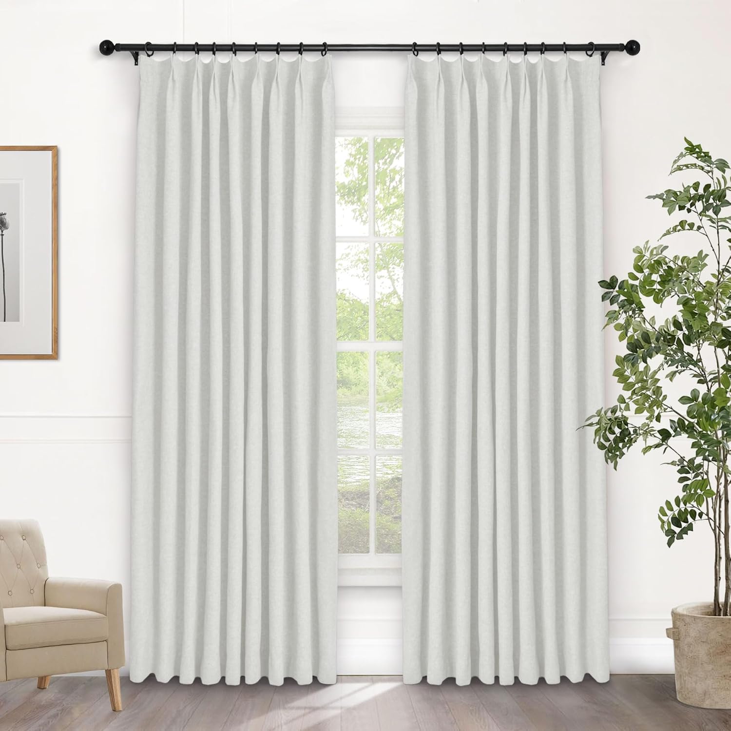 Macochico Extra Wide 100% Blackout Linen Curtains for Sliding Door Pleated Curtains with Hooks Insulated Soft Linen Drapes for Bedroom Living Room with Tieback Sand Beige 100”Wx84”L 1 Panel