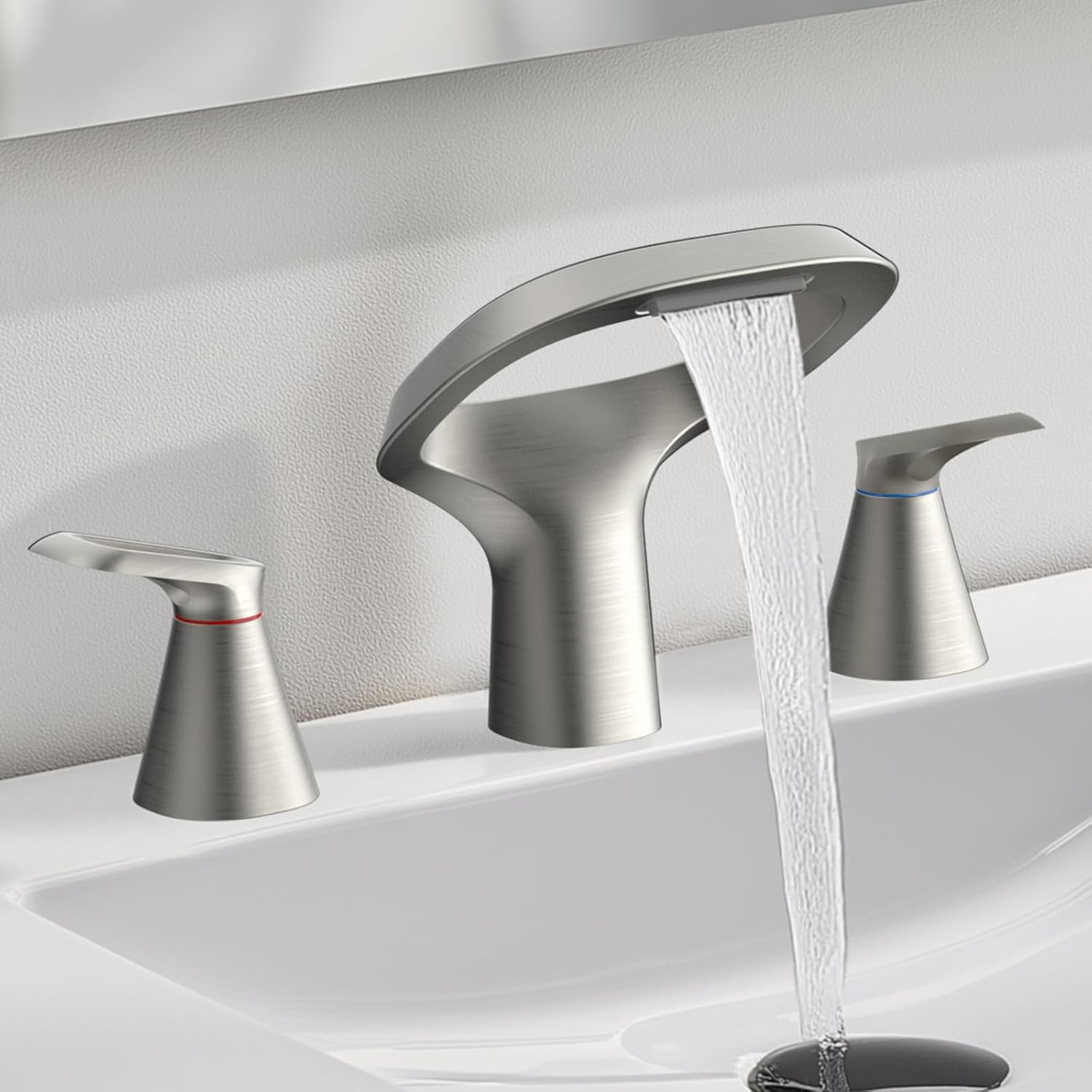 Matte Black Bathroom Faucet 3 Hole, Modern Faucet for Bathroom Sink with Adjustable Spout, Solid Brass 8 Inch Widespread Waterfall Bathroom Faucets with Supply Hoses and 2 Handles for Vanity Sink