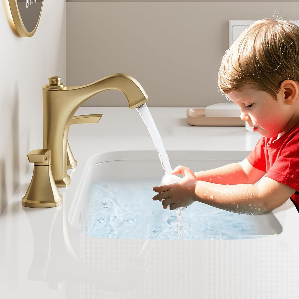 Widespread Bathroom Faucet 3 Hole, Brushed Gold 4-16 Inch Bathroom Sink Faucets, Two Handle Vanity Faucet 3 Holes with Drain Assembly, Brushed Gold