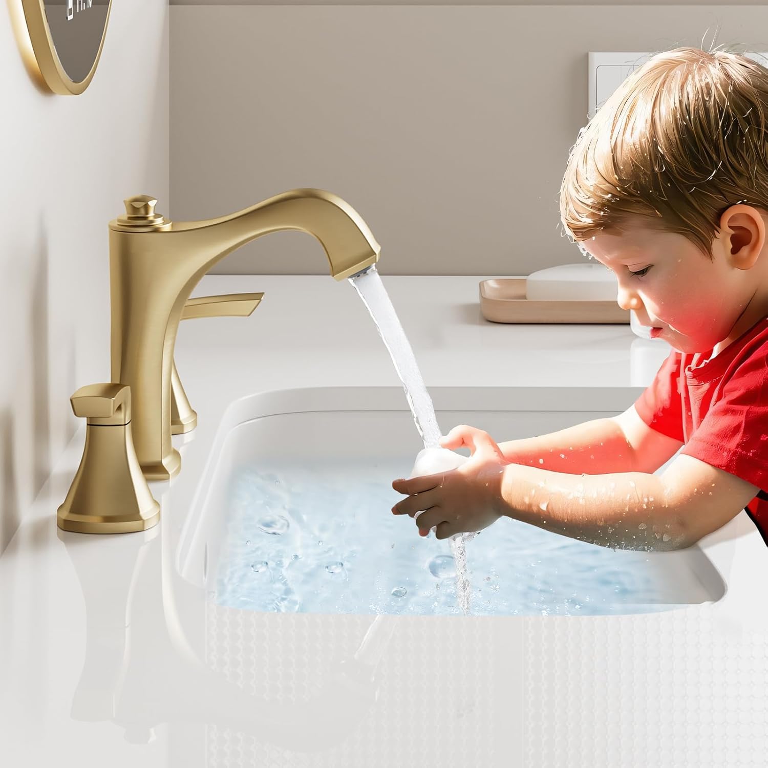 Widespread Bathroom Faucet 3 Hole, Brushed Gold 4-16 Inch Bathroom Sink Faucets, Two Handle Vanity Faucet 3 Holes with Drain Assembly, Brushed Gold