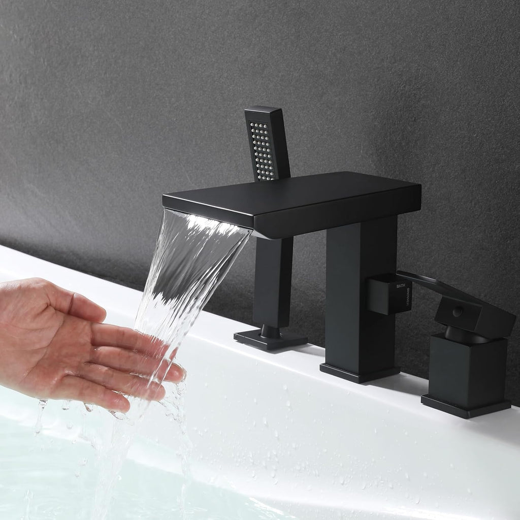 Waterfall Roman Tub Faucet with Hand Shower, Deck Mount Tub Filler Bathtub Faucet with Sprayer, Brass Widespread 3 Hole Bathtub Shower Faucet Set, Matte Black