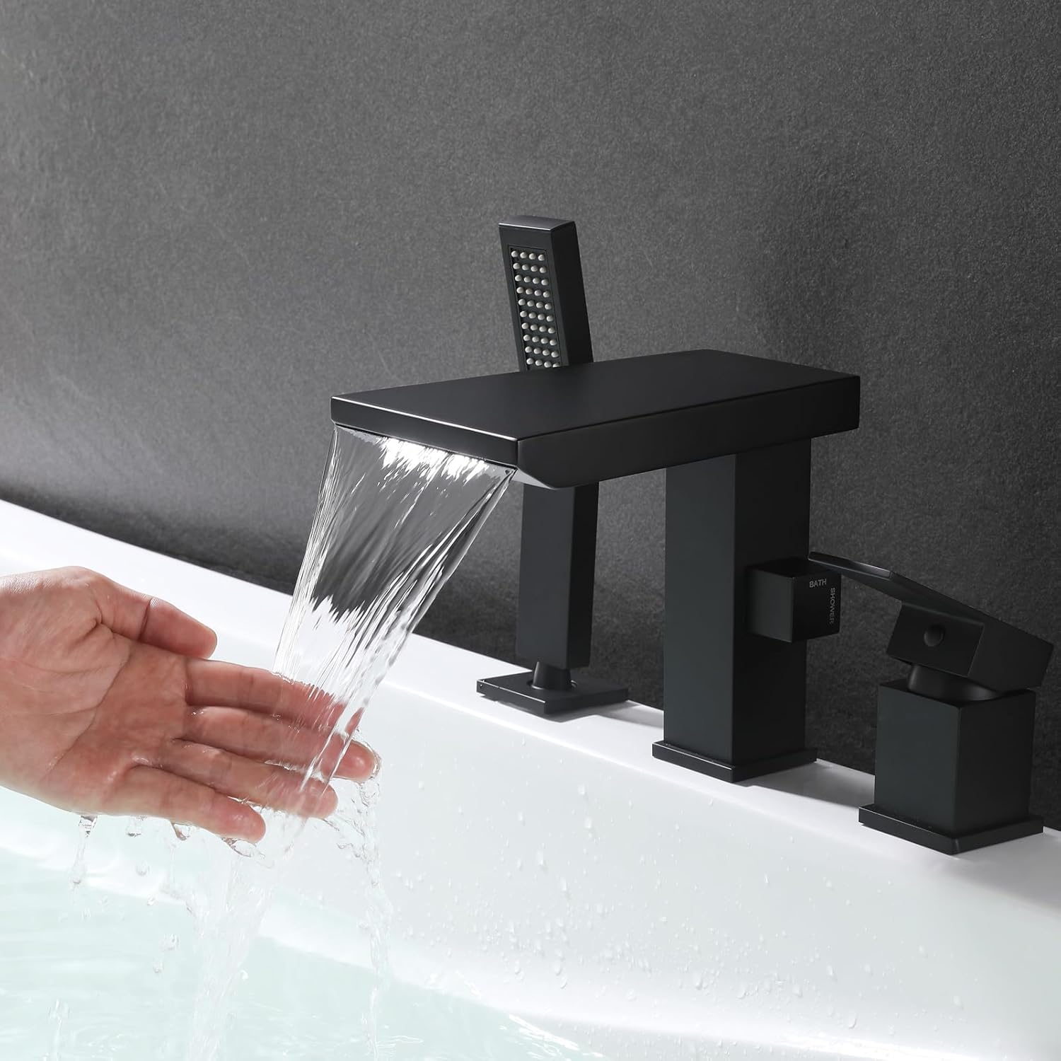 Waterfall Roman Tub Faucet with Hand Shower, Deck Mount Tub Filler Bathtub Faucet with Sprayer, Brass Widespread 3 Hole Bathtub Shower Faucet Set, Matte Black