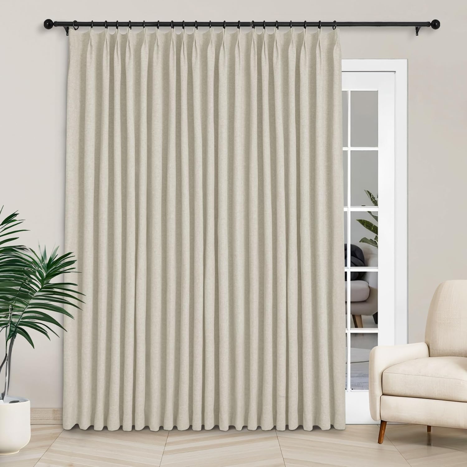 Macochico Extra Wide 100% Blackout Linen Curtains for Sliding Door Pleated Curtains with Hooks Insulated Soft Linen Drapes for Bedroom Living Room with Tieback Sand Beige 100”Wx84”L 1 Panel