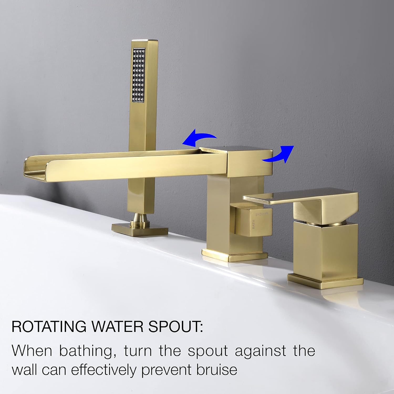 TapLong Waterfall Tub Filler Faucet with HandHeld Shower Widespread Roman Tub Faucet Set, Deck Mount 3-Holes Single-Handle Faucet in Brushed Gold, 03111BG