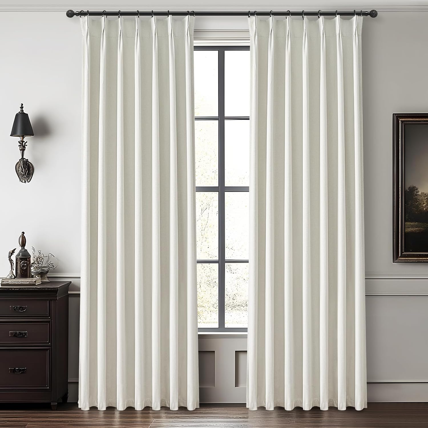 Lush Decor Wide Curtains for Windows 120 to 140 Blackout Linen 108 Inches Long, Pinch Pleated Thick 70 Inch Extra Wide Patio Door Curtain Panels 2 Set Drapes Floor to Ceiling Drapes Heavy Thermal