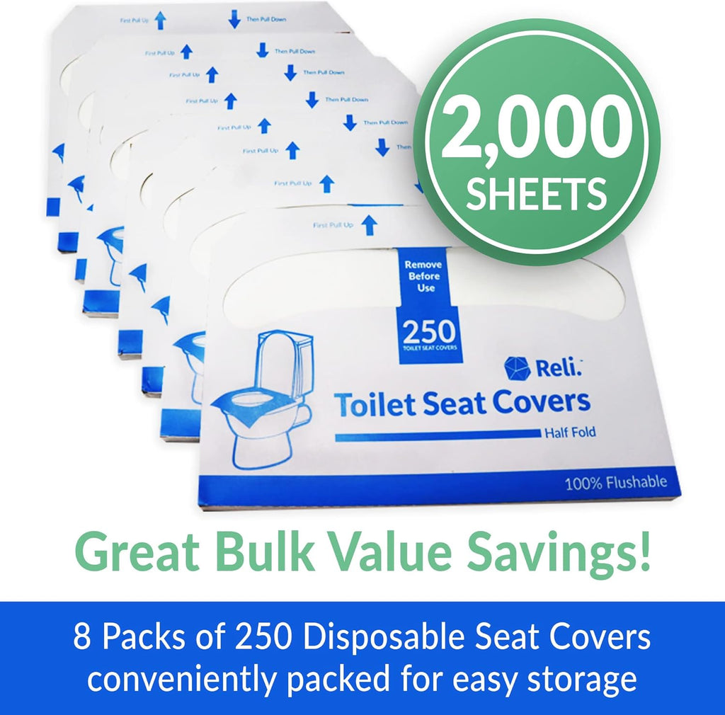 Reli. Toilet Seat Covers (2000 Pcs, 8 Packs of 250) | Disposable Toilet Seat Cover - Flushable - 14x16" (Half-Fold) | Paper Liners for Restroom, Bathroom, Travel, Camping, Kids Potty Training