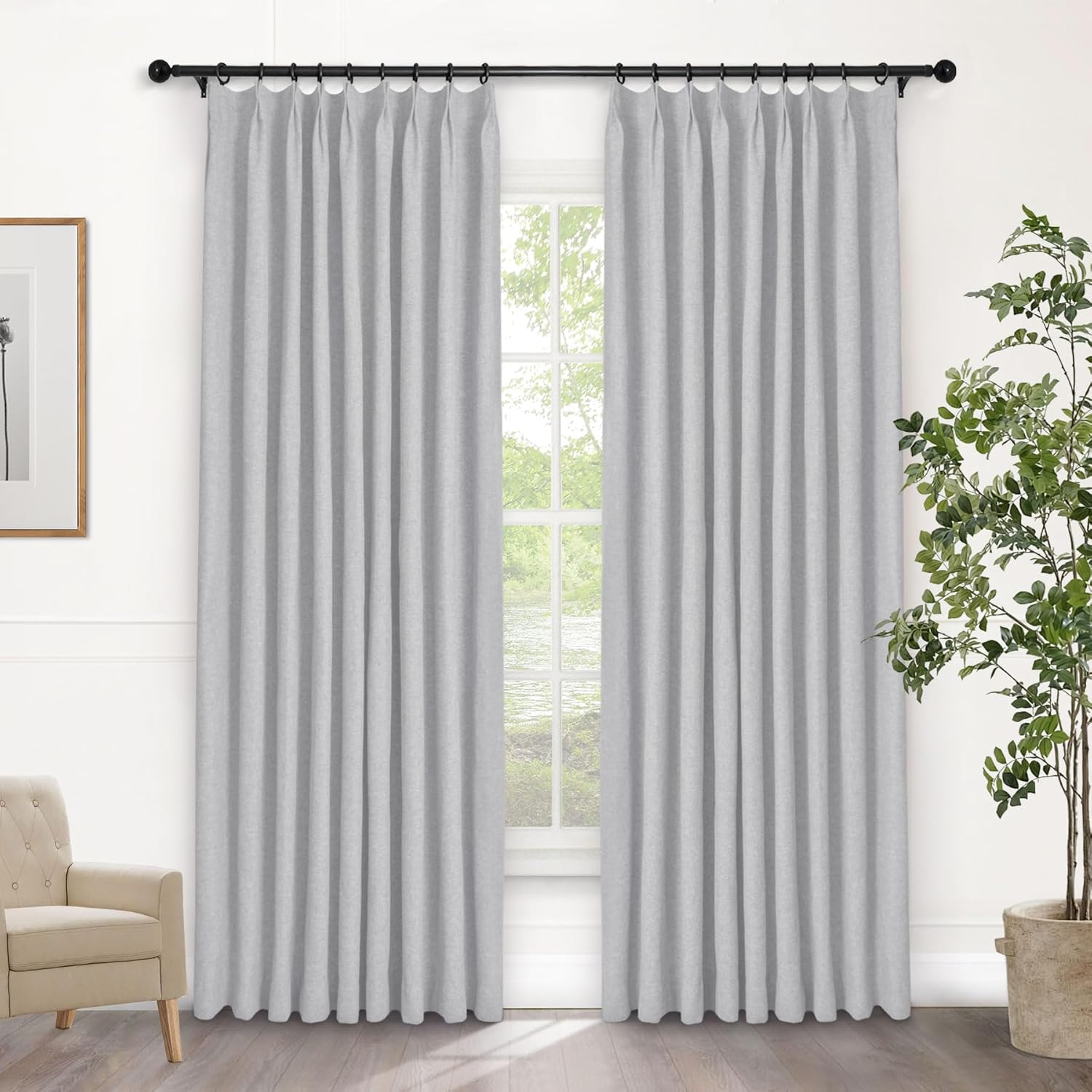 Macochico Extra Wide 100% Blackout Linen Curtains for Sliding Door Pleated Curtains with Hooks Insulated Soft Linen Drapes for Bedroom Living Room with Tieback Sand Beige 100”Wx84”L 1 Panel