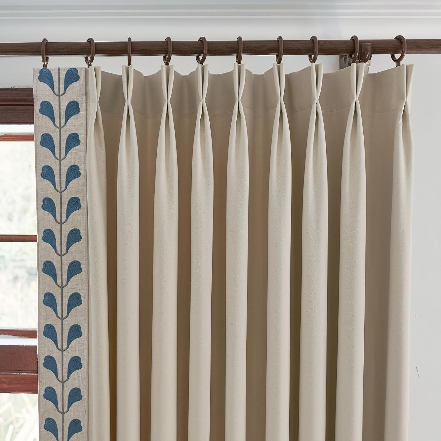 White Linen Curtain Panels with Embroidered Trim Design, Pinch Pleat Curtains, Semi-Sheer Curtains for Sliding Patio Doors Bedroom (2 Panels) (50W x 84L)