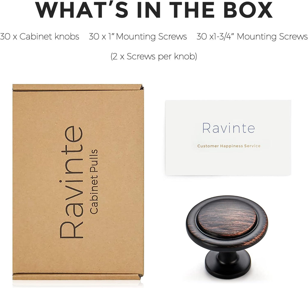 Ravinte 30 Pack 1-1/4 inch Kitchen/ Dresser/ Drawer Oil-Rubbed Bronze Pulls, Door Handles Knobs