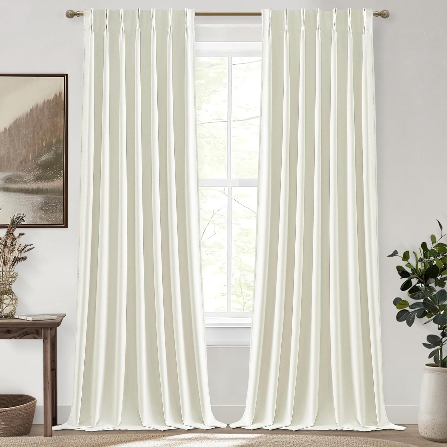 Lush Decor Wide Curtains for Windows 120 to 140 Blackout Linen 108 Inches Long, Pinch Pleated Thick 70 Inch Extra Wide Patio Door Curtain Panels 2 Set Drapes Floor to Ceiling Drapes Heavy Thermal