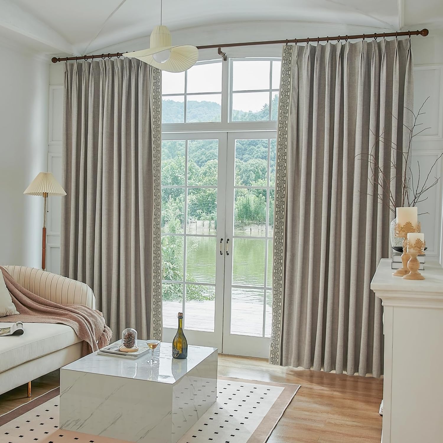 Curtain Panels with Embroidered Design, Tape Trim Drapes Pinch Pleat, Design Curtains for Sliding Patio Doors Bedroom 2Panels (Warm Cream, 50" W x 102" L)