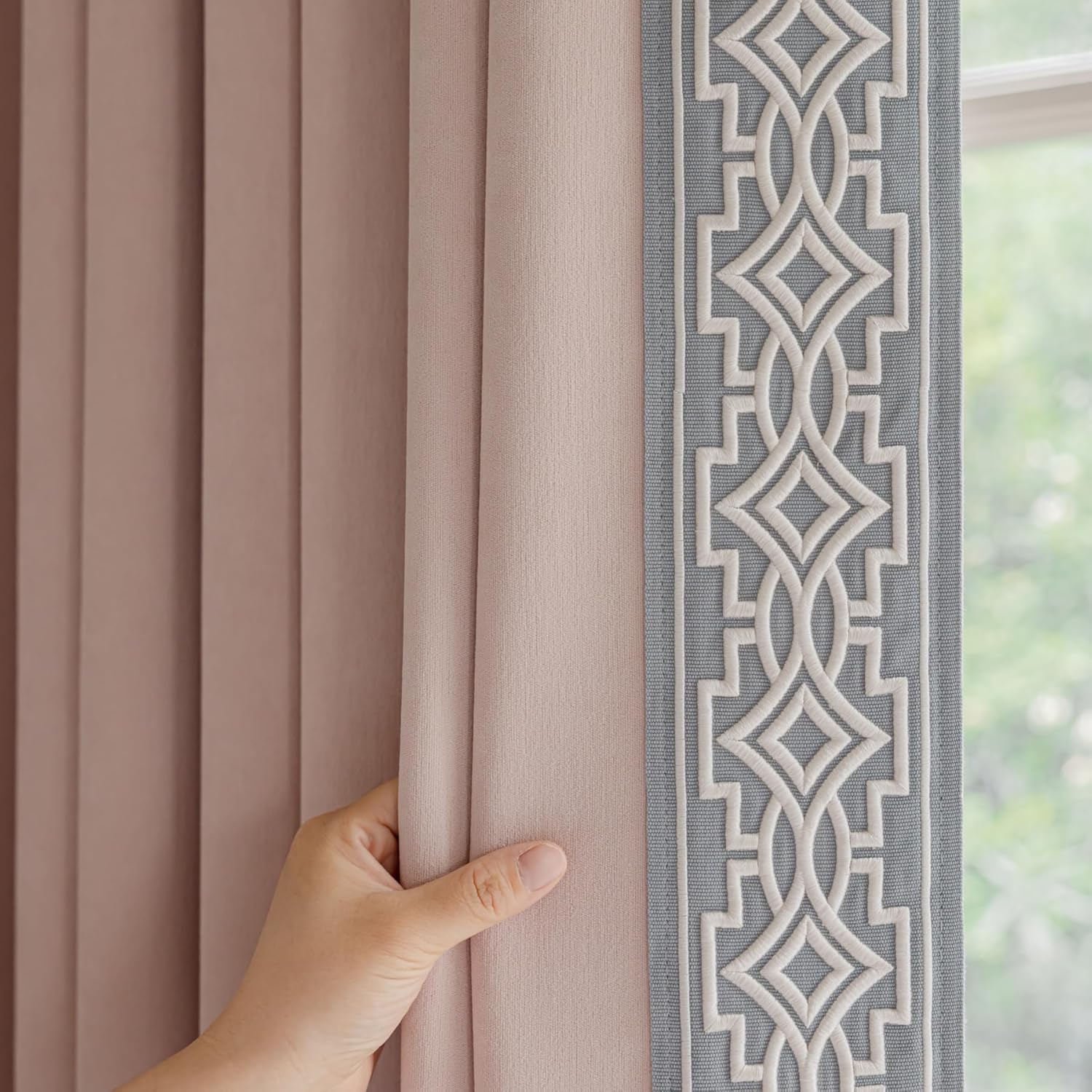 Cream Cotton Blend Curtain Panels with Trim Design, Pinch Pleat Curtains, Blackout Curtains for Sliding Patio Doors Bedroom (Set of 2) (52W x 96L)