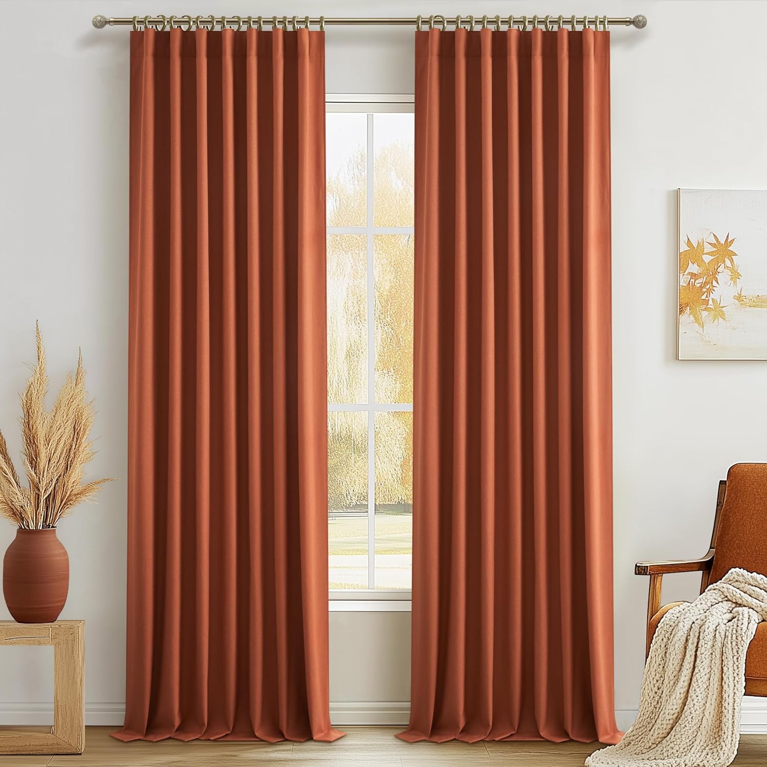 Extra Wide 70 Inch Length Blackout Curtains & Drapes 120 Inches Long 2 Panels Set for Sliding Glass Doors,Modern Pleated Linen Blend Heavy Floor to Ceiling Large Window Drapes(70"Wx120"Lx 2 Natural)