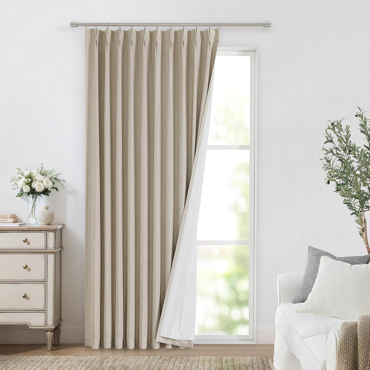 Vision Home Brown Pinch Pleated Full Blackout Curtains Linen Blended 60" Wide Thermal Insulated Window Panels 108 inch for Bedroom Living Room Darkening Pleat Drapes with Hooks Back Tab 60" Wx108 Lx1