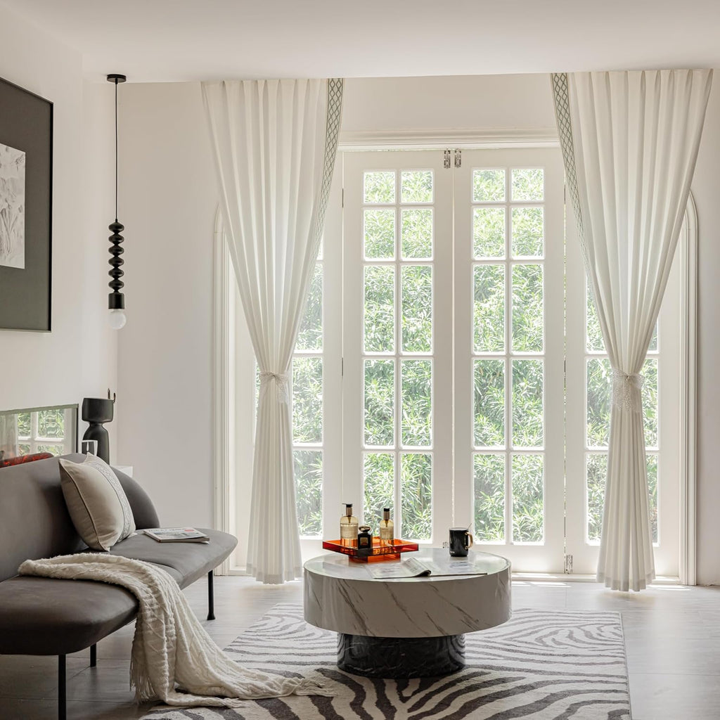 White Linen Curtain Panels with Embroidered Trim Design, Pinch Pleat Curtains, Semi-Sheer Curtains for Sliding Patio Doors Bedroom (2 Panels) (50W x 84L)