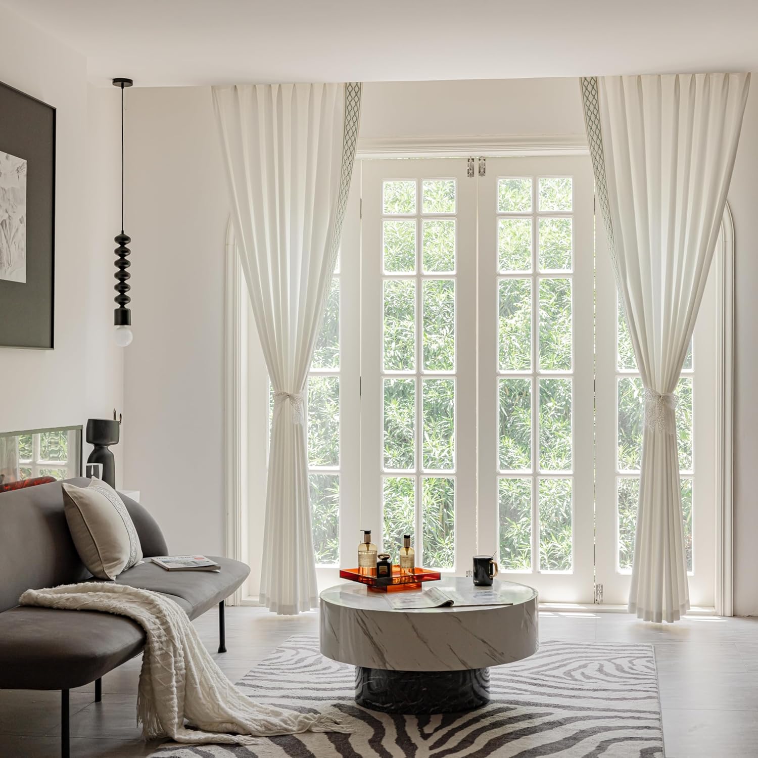 White Linen Curtain Panels with Embroidered Trim Design, Pinch Pleat Curtains, Semi-Sheer Curtains for Sliding Patio Doors Bedroom (2 Panels) (50W x 84L)