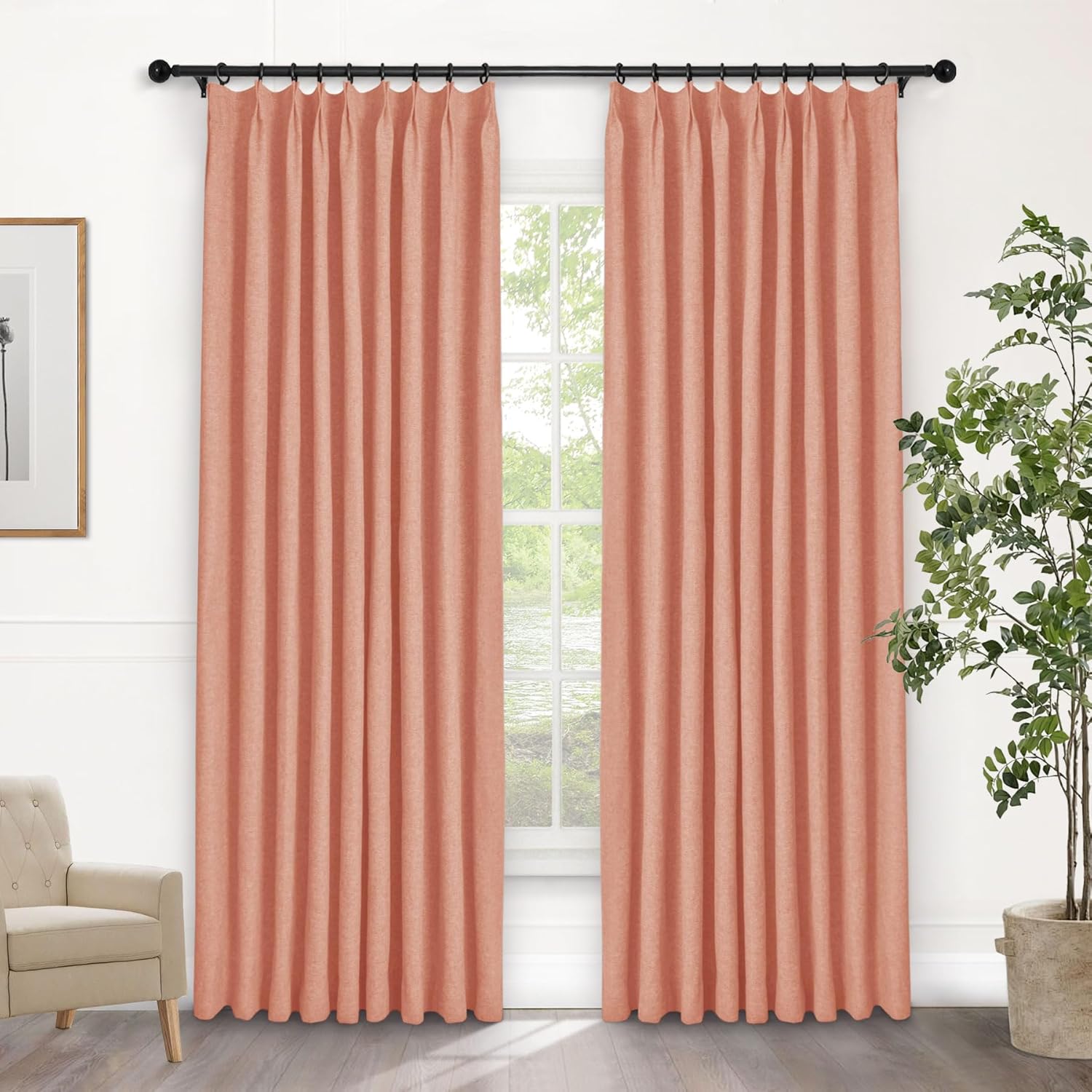 Macochico Extra Wide 100% Blackout Linen Curtains for Sliding Door Pleated Curtains with Hooks Insulated Soft Linen Drapes for Bedroom Living Room with Tieback Sand Beige 100”Wx84”L 1 Panel
