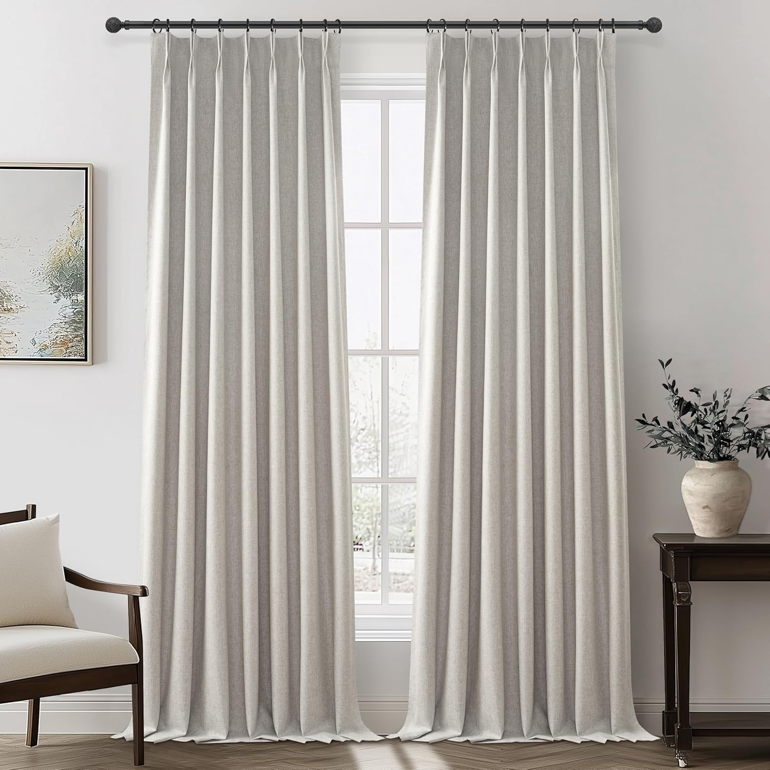 Lush Decor Wide Curtains for Windows 120 to 140 Blackout Linen 108 Inches Long, Pinch Pleated Thick 70 Inch Extra Wide Patio Door Curtain Panels 2 Set Drapes Floor to Ceiling Drapes Heavy Thermal