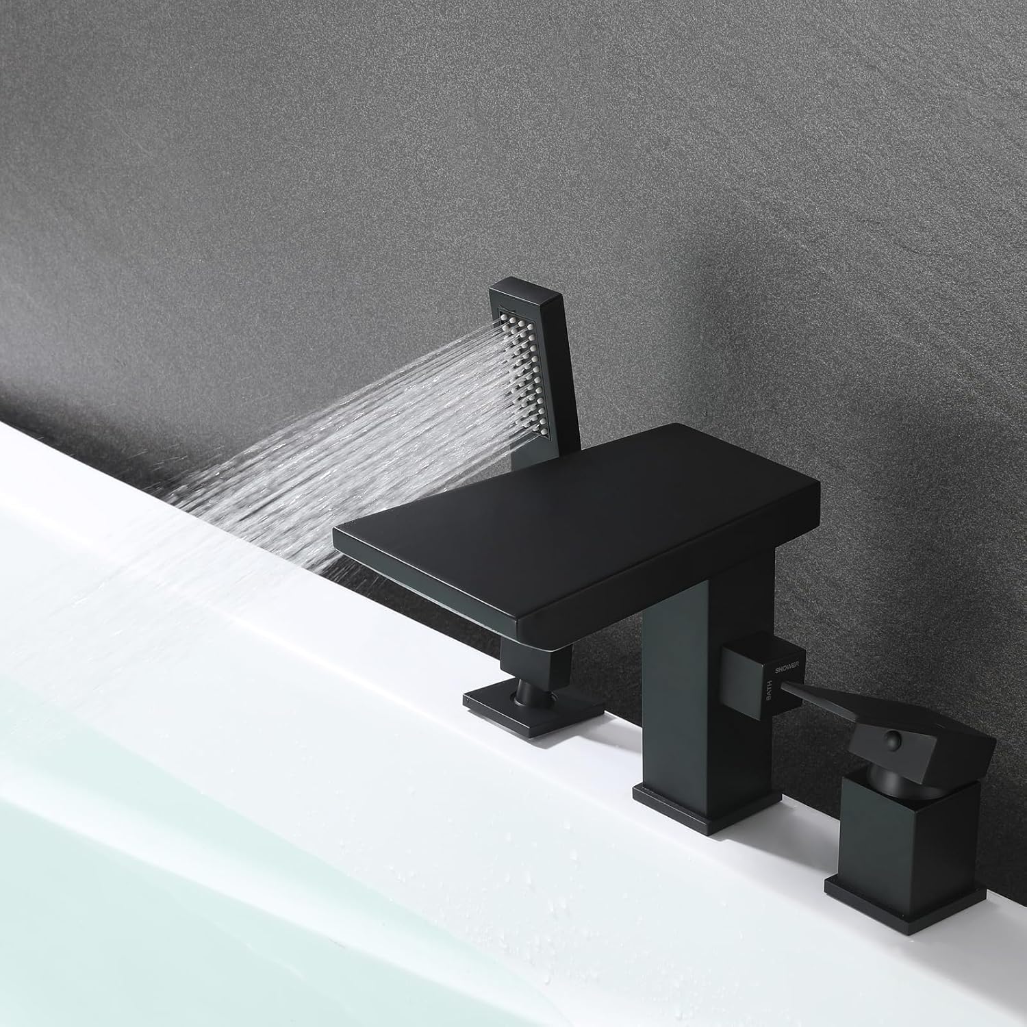 Waterfall Roman Tub Faucet with Hand Shower, Deck Mount Tub Filler Bathtub Faucet with Sprayer, Brass Widespread 3 Hole Bathtub Shower Faucet Set, Matte Black