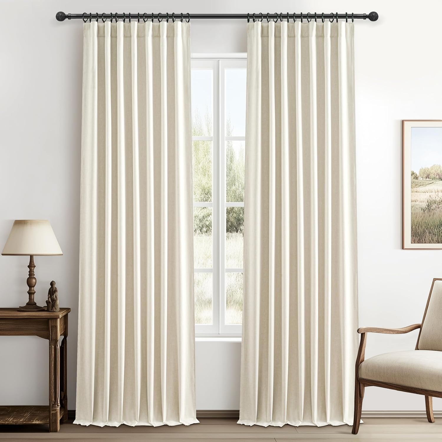 Extra Wide 70 Inch Length Blackout Curtains & Drapes 120 Inches Long 2 Panels Set for Sliding Glass Doors,Modern Pleated Linen Blend Heavy Floor to Ceiling Large Window Drapes(70"Wx120"Lx 2 Natural)