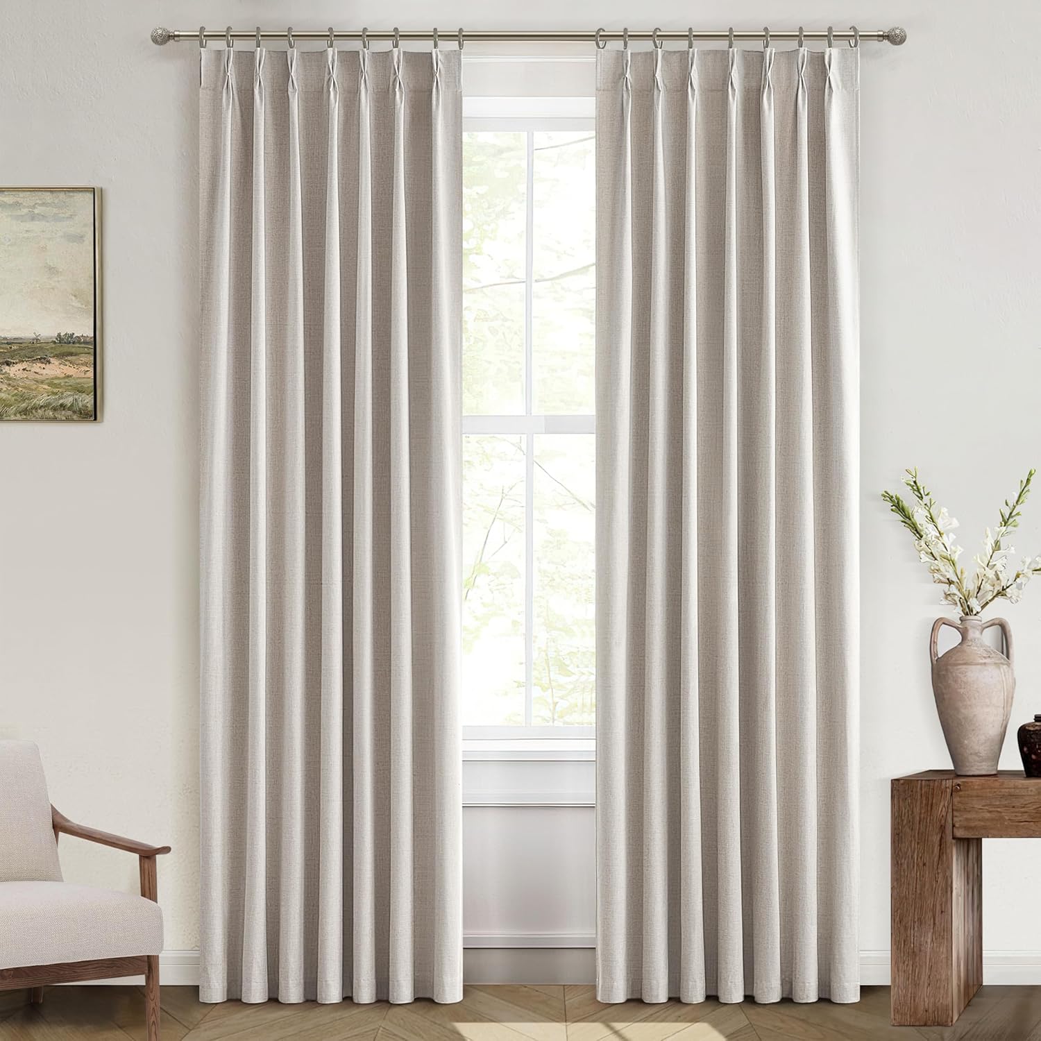Lush Decor Wide Curtains for Windows 120 to 140 Blackout Linen 108 Inches Long, Pinch Pleated Thick 70 Inch Extra Wide Patio Door Curtain Panels 2 Set Drapes Floor to Ceiling Drapes Heavy Thermal