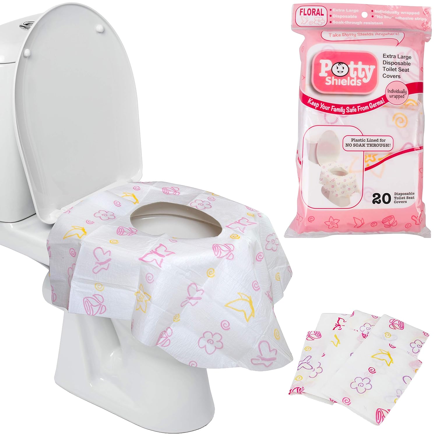 Toilet Seat Covers Disposable (40 Pack, Floral) - XL Waterproof Toilet Cover for Toddlers, Kids & Adults - Portable & Individually Wrapped for Travel, Potty Training & Public Restrooms