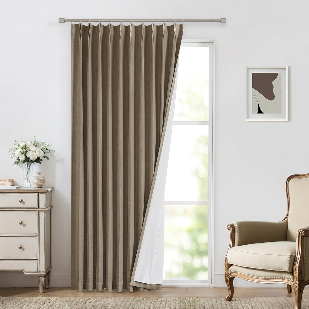 Vision Home Brown Pinch Pleated Full Blackout Curtains Linen Blended 60" Wide Thermal Insulated Window Panels 108 inch for Bedroom Living Room Darkening Pleat Drapes with Hooks Back Tab 60" Wx108 Lx1