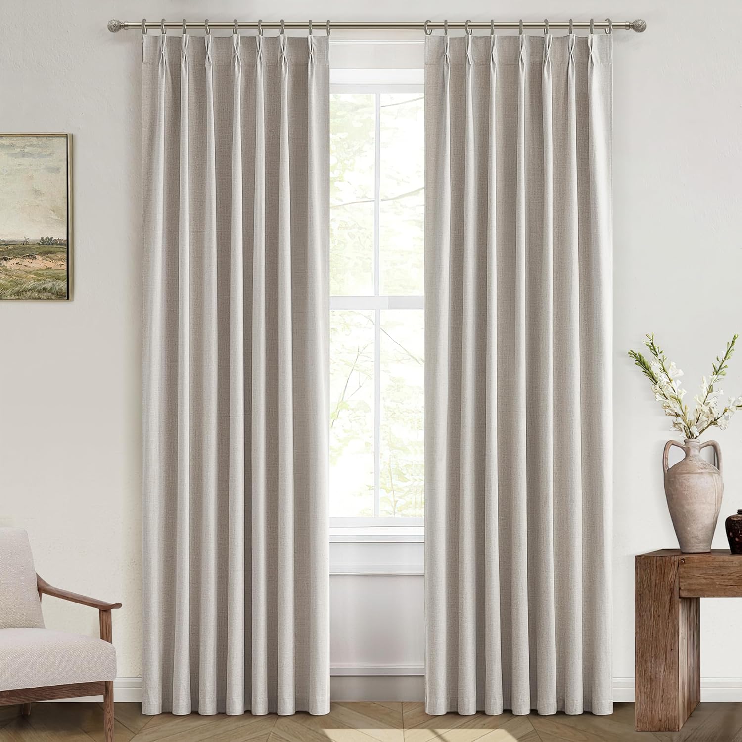 Lush Decor Wide Curtains for Windows 120 to 140 Blackout Linen 108 Inches Long, Pinch Pleated Thick 70 Inch Extra Wide Patio Door Curtain Panels 2 Set Drapes Floor to Ceiling Drapes Heavy Thermal