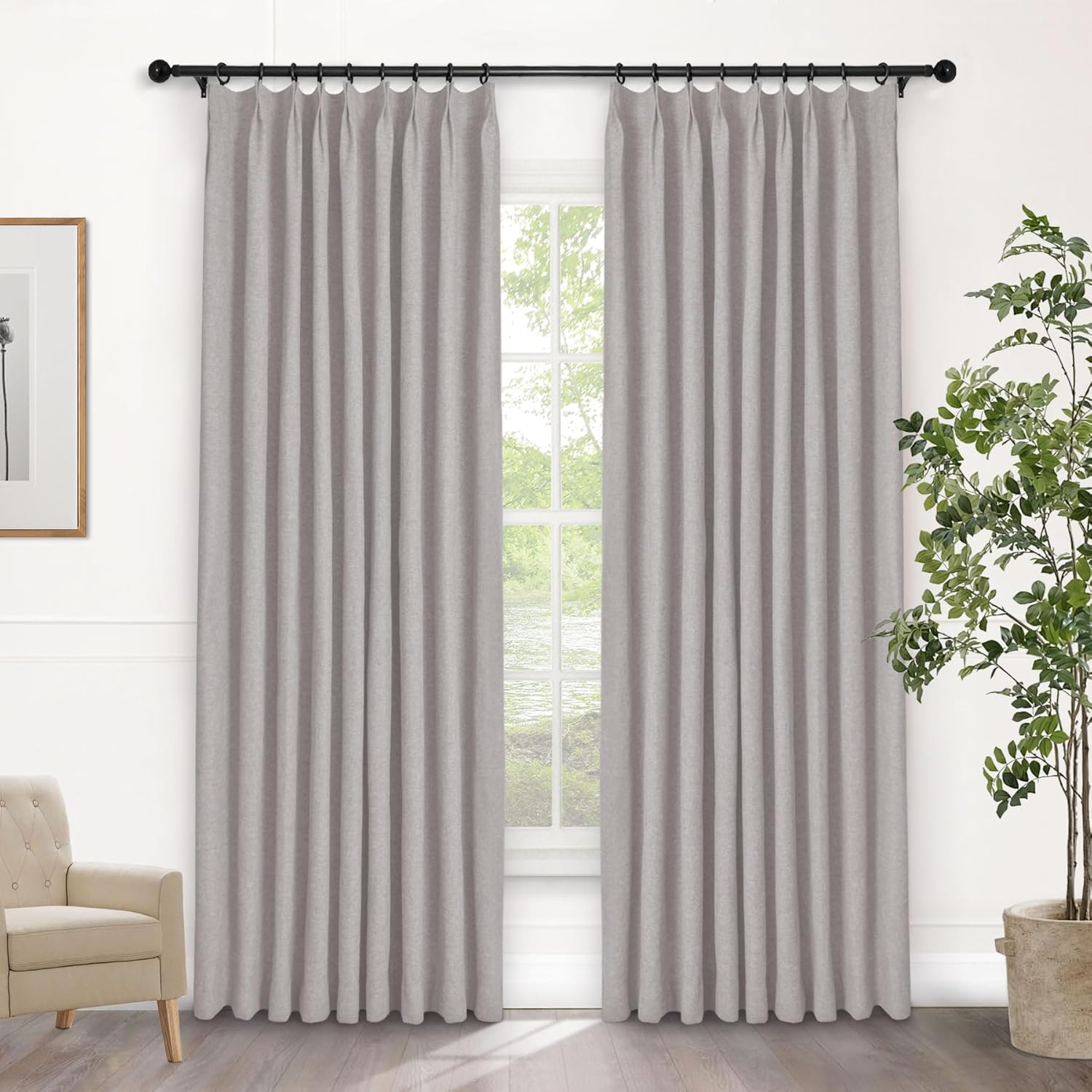Macochico Extra Wide 100% Blackout Linen Curtains for Sliding Door Pleated Curtains with Hooks Insulated Soft Linen Drapes for Bedroom Living Room with Tieback Sand Beige 100”Wx84”L 1 Panel